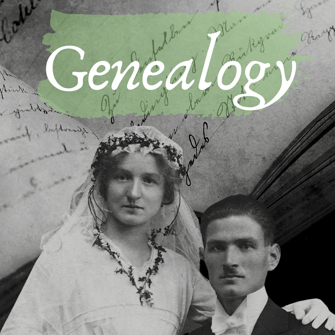 genealogy title with black and white image of couple